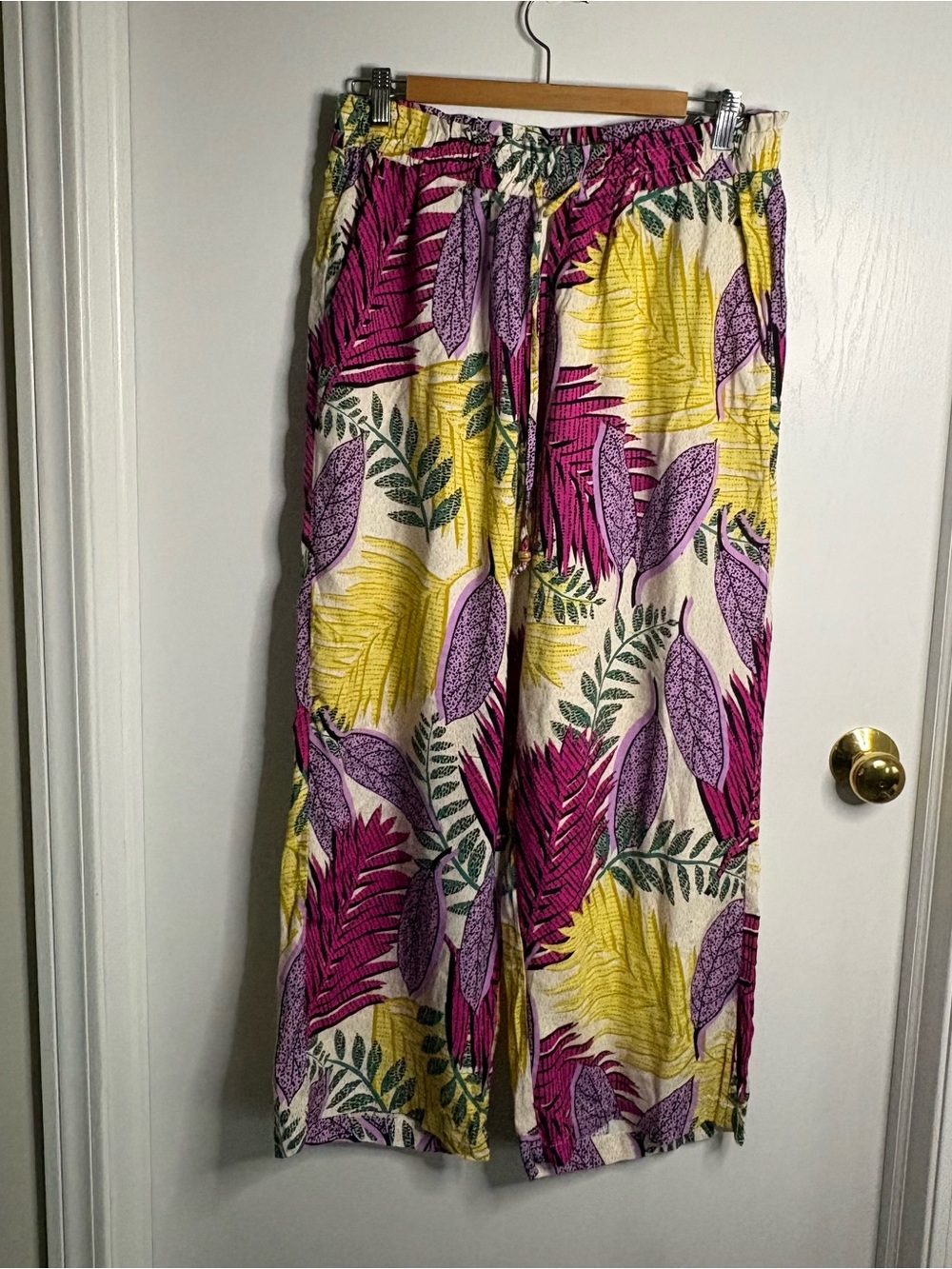 Tropical Wide-Leg Pants Floral Multicolor Elastic Drawstring Sz L Coastal Resort